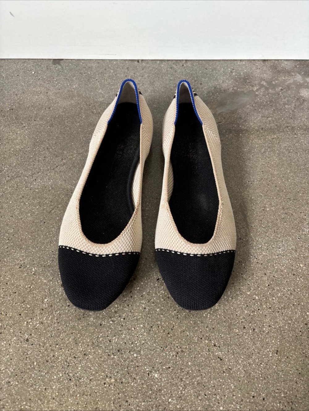 Rothy's Beige and Black Knit Cap-Toe Flats